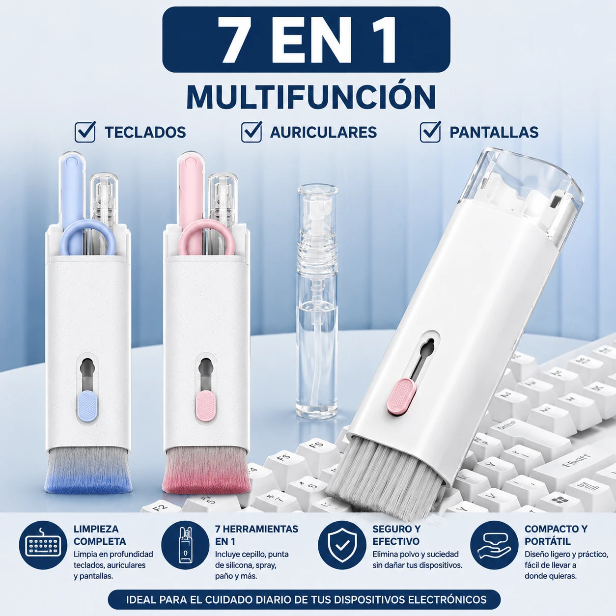 Kit premium de limpieza 7 en 1. Tus dispositivos, siempre impecables.