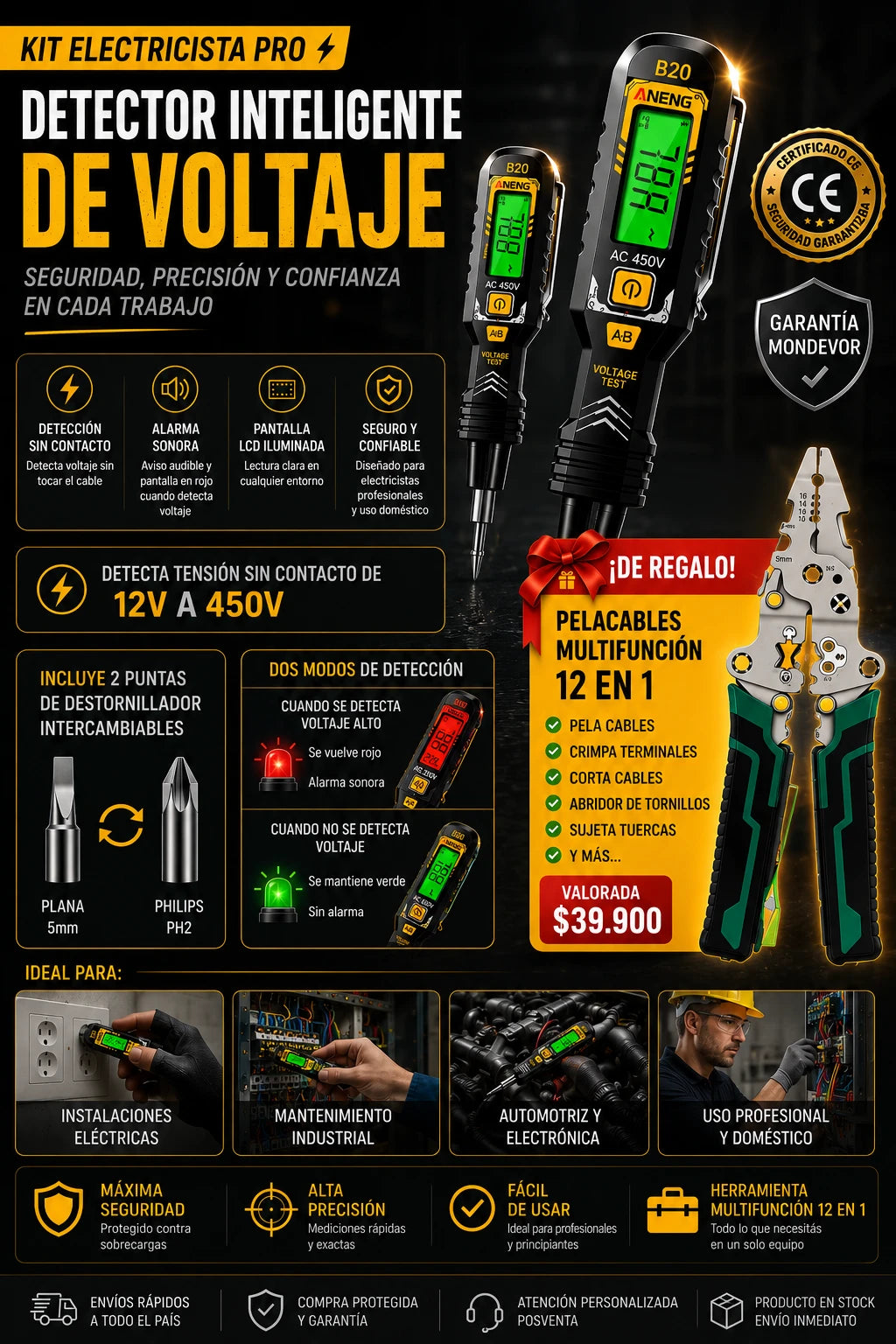 ⚡ Kit Electricista Pro™ | Detector Inteligente de Voltaje + Destornillador de 2 Puntas + 🎁 Pelacables Multifunción 12 en 1