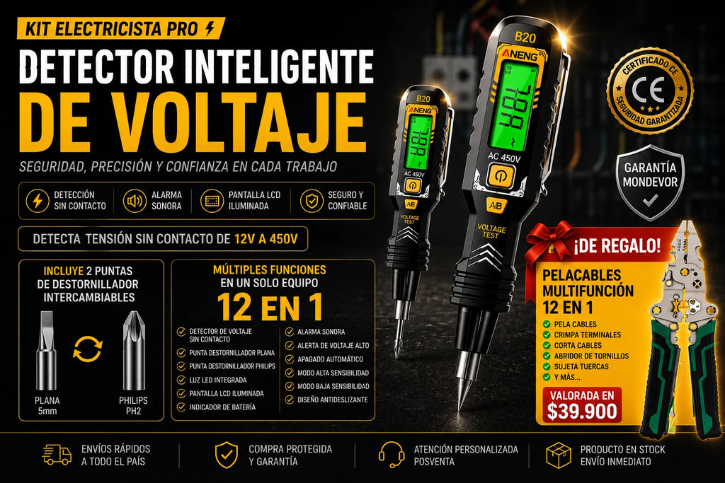 ⚡ Kit Electricista Pro™ | Detector Inteligente de Voltaje + Destornillador de 2 Puntas + 🎁 Pelacables Multifunción 12 en 1