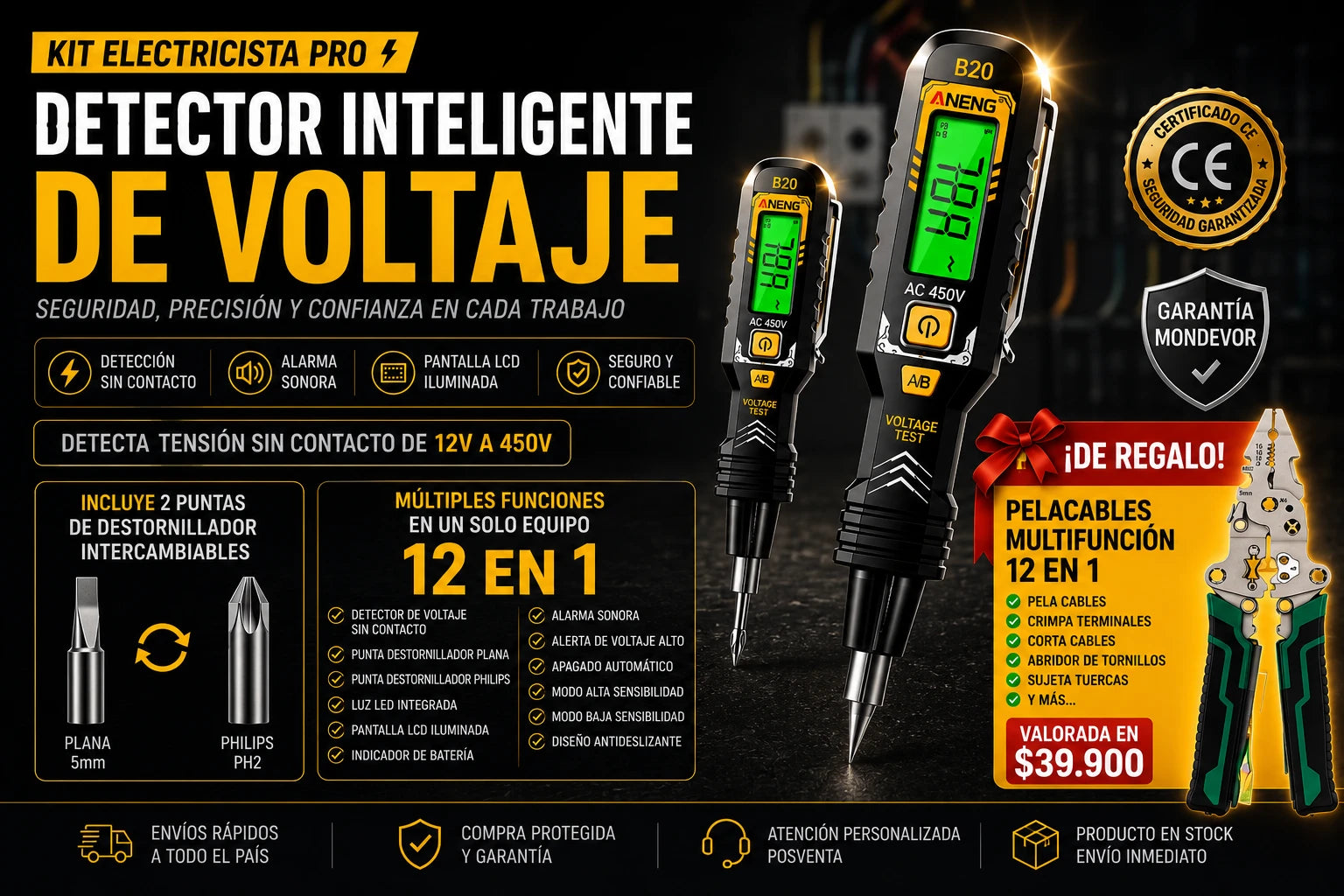 ⚡ Kit Electricista Pro™ | Detector Inteligente de Voltaje + Destornillador de 2 Puntas + 🎁 Pelacables Multifunción 12 en 1