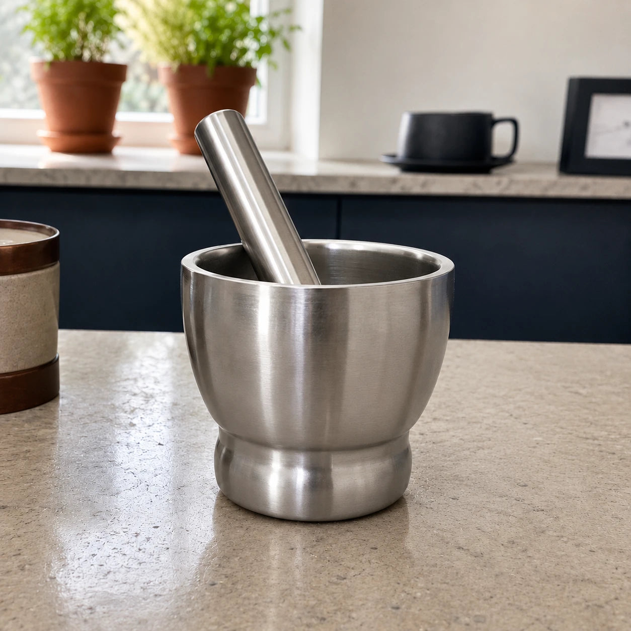 Mortero y maja de acero inoxidable para especias con majador.