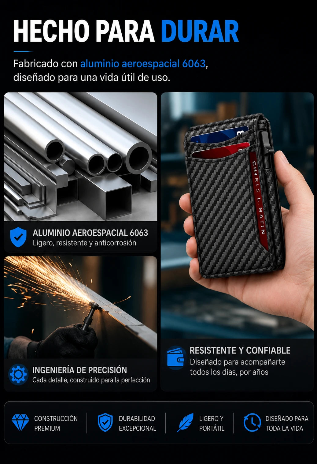 Billetera Smart Wallet RFID  - Antirrobo con Expulsor Automático de Aluminio y Cuero PU