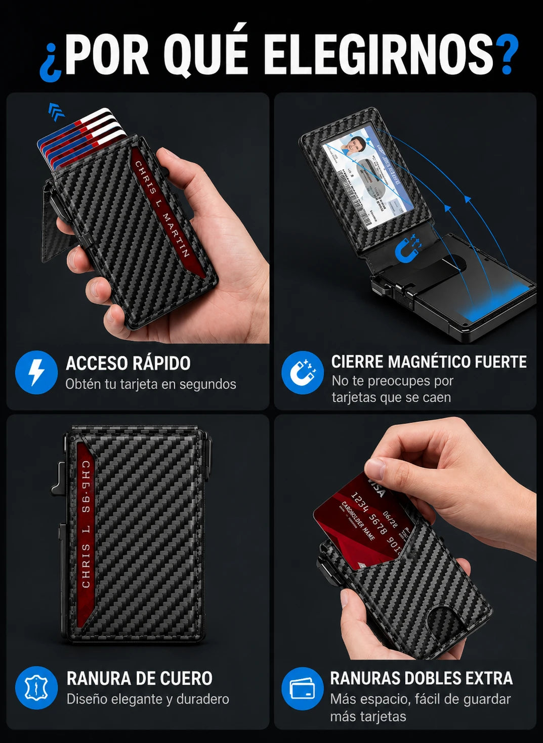 Billetera Smart Wallet RFID  - Antirrobo con Expulsor Automático de Aluminio y Cuero PU