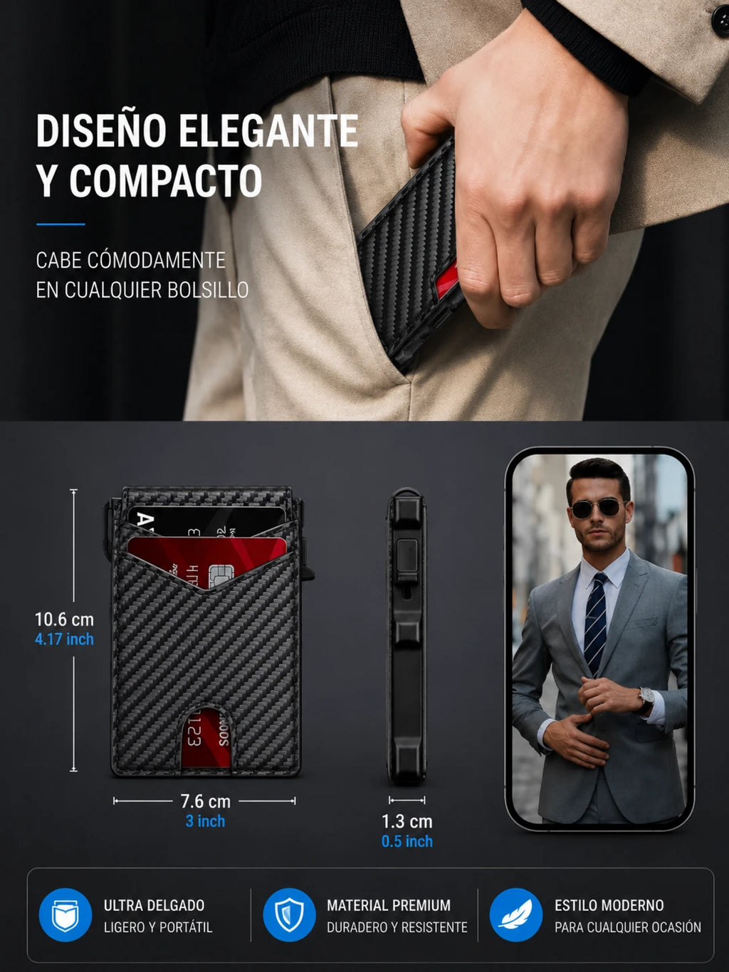 Billetera Smart Wallet RFID  - Antirrobo con Expulsor Automático de Aluminio y Cuero PU