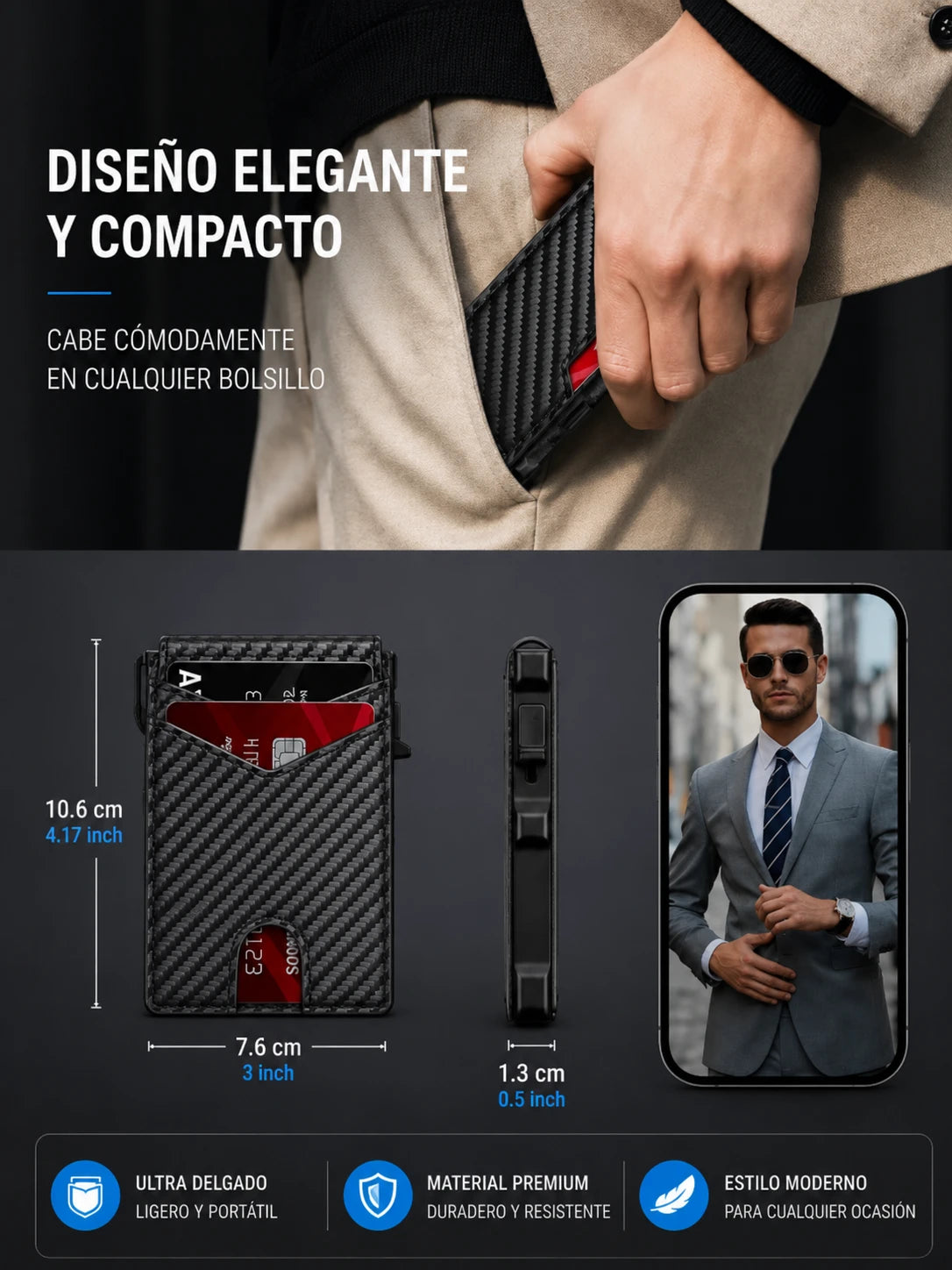 Billetera Smart Wallet RFID  - Antirrobo con Expulsor Automático de Aluminio y Cuero PU