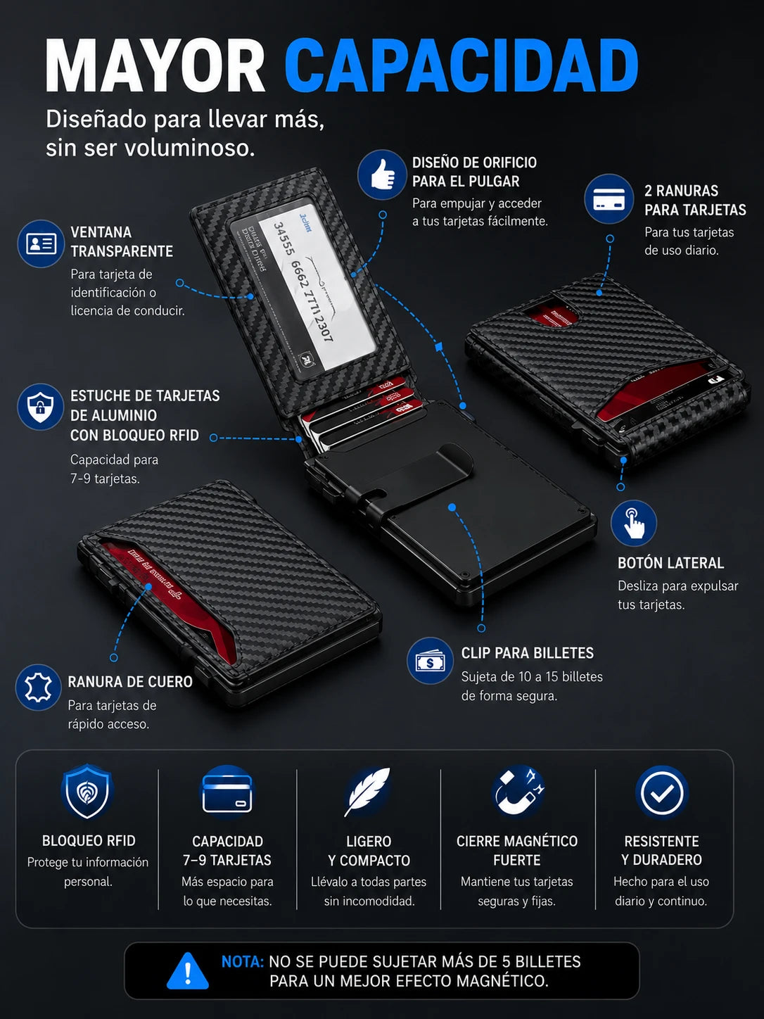 Billetera Smart Wallet RFID  - Antirrobo con Expulsor Automático de Aluminio y Cuero PU