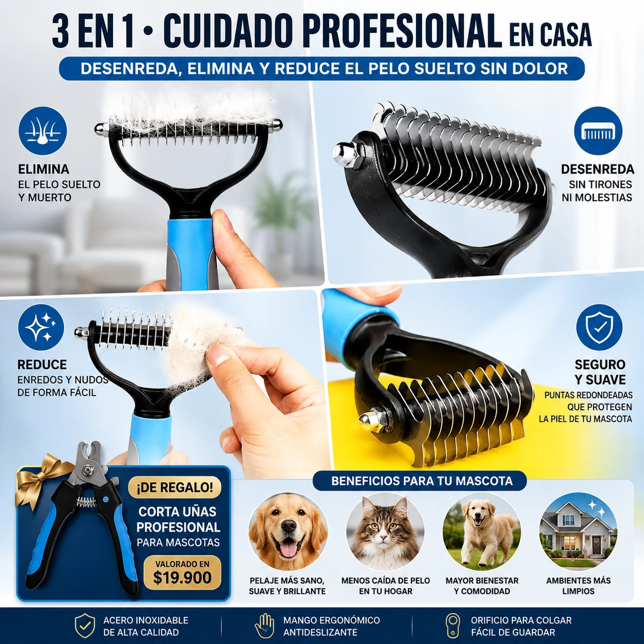 Herramienta de aseo Pet Pro - peine para eliminar el pelo suelto y desenredarlo sin dolor + Regalo exclusivo 🎁