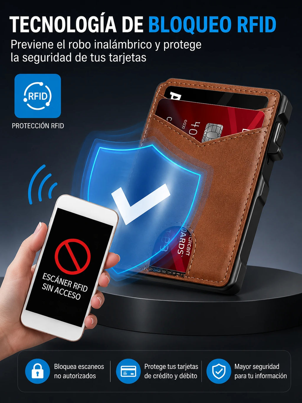 Billetera Smart Wallet RFID  - Antirrobo con Expulsor Automático de Aluminio y Cuero PU