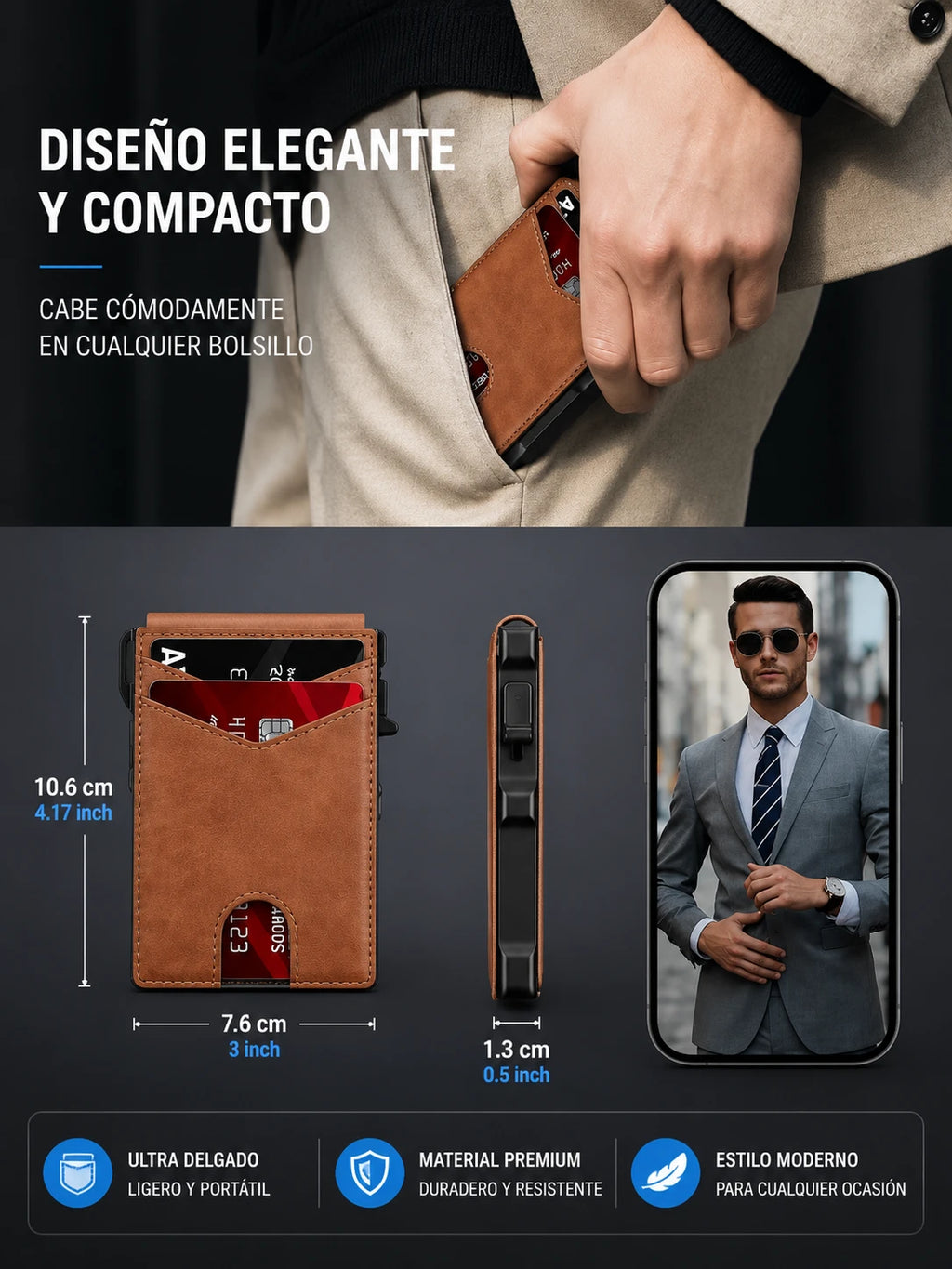 Billetera Smart Wallet RFID  - Antirrobo con Expulsor Automático de Aluminio y Cuero PU