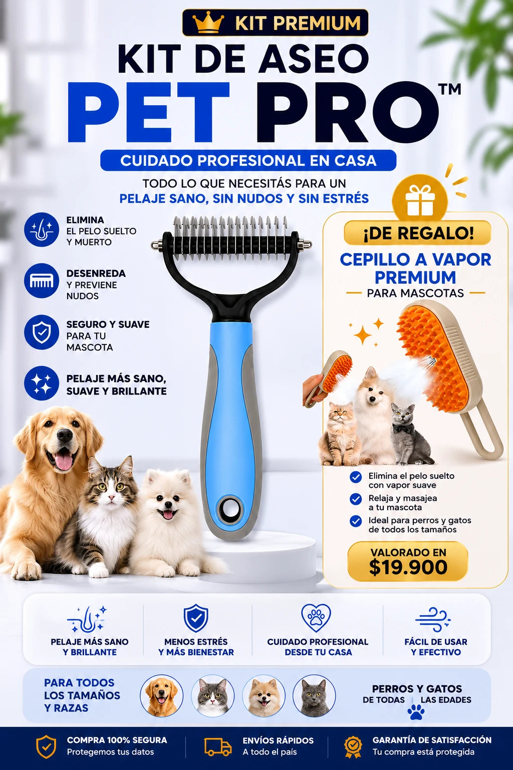Herramienta de aseo Pet Pro - peine para eliminar el pelo suelto y desenredarlo sin dolor + Regalo exclusivo 🎁
