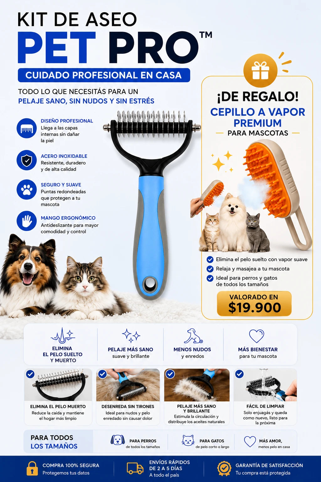 Herramienta de aseo Pet Pro - peine para eliminar el pelo suelto y desenredarlo sin dolor + Regalo exclusivo 🎁