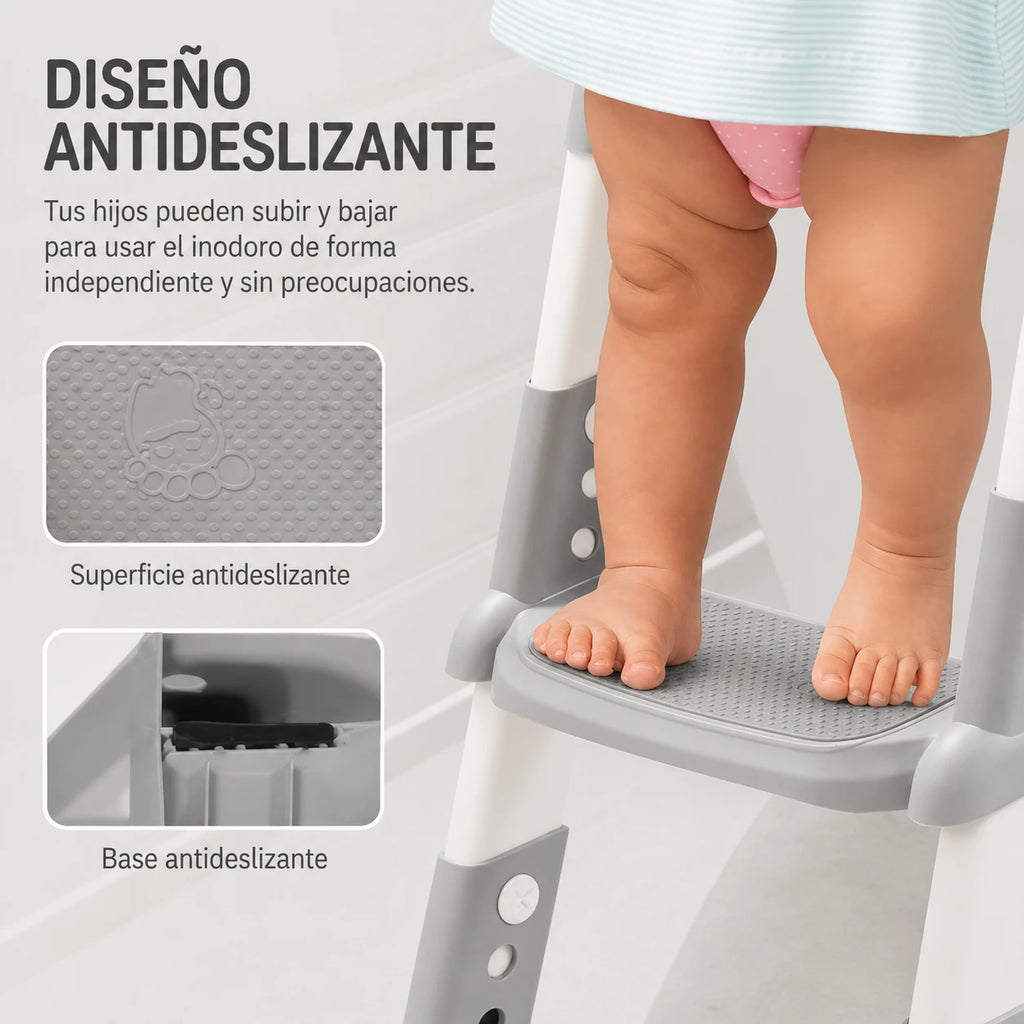 Entrenadora para baño 3 en 1 para niños con almohadillas antideslizantes y escalera.