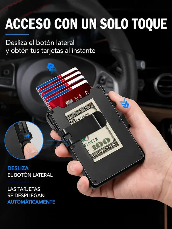 Billetera Smart Wallet RFID  - Antirrobo con Expulsor Automático de Aluminio y Cuero PU